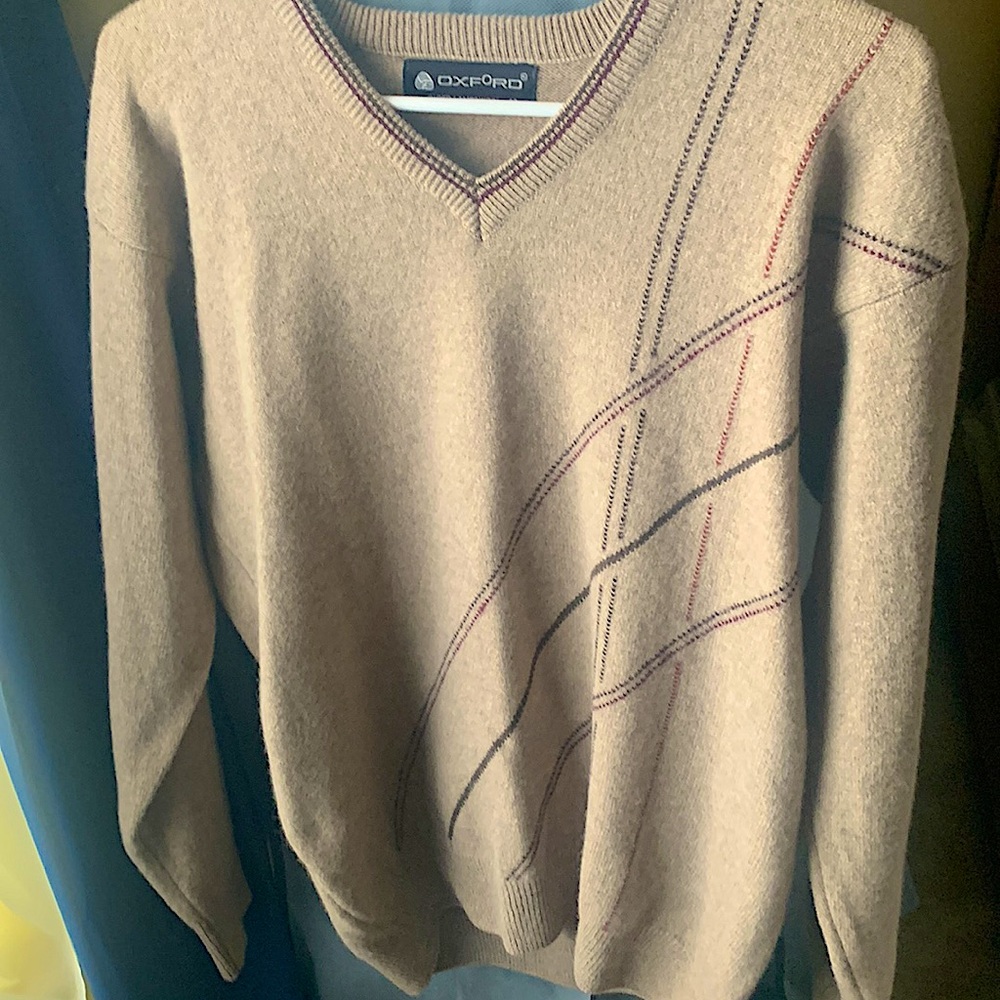 OXFORD Super Lambswool Lambs Wool V Neck Sweater 40 or US M Beige Brown Stripe
